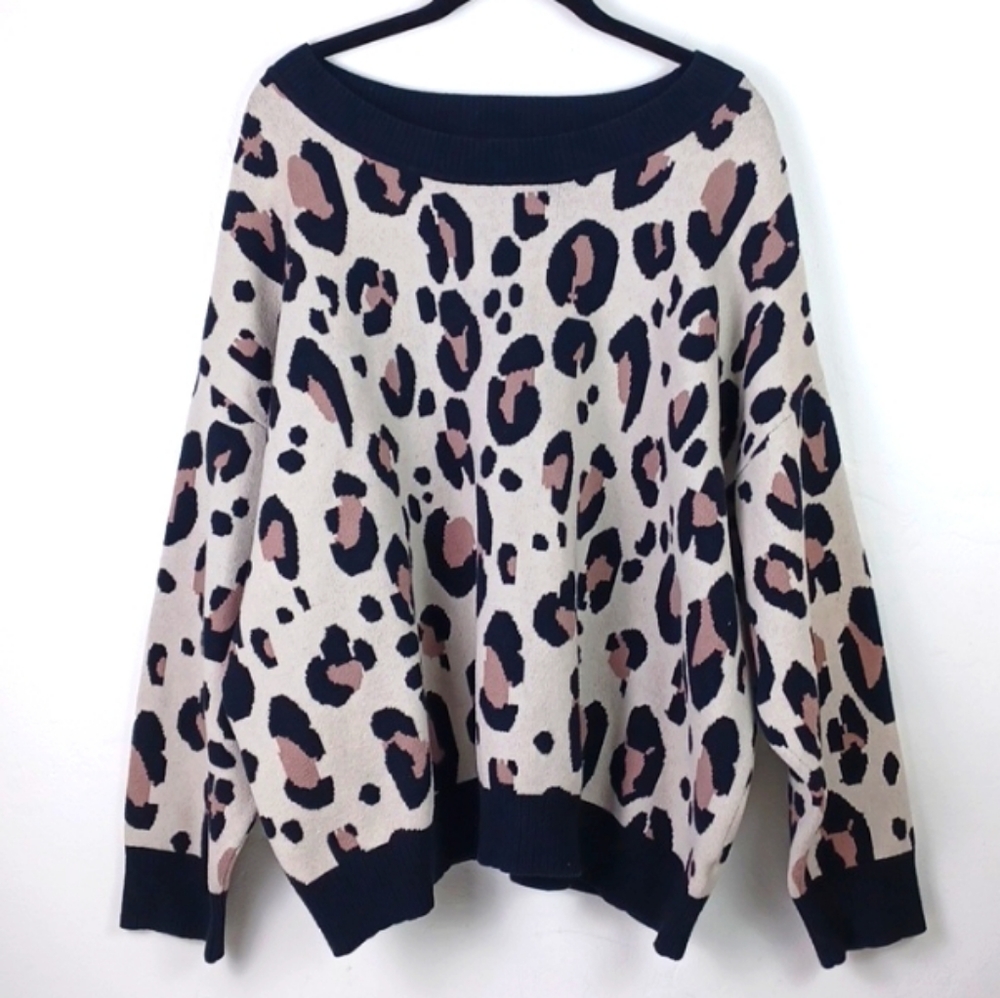 Evri Cream White Black & Tan Leopard Print Pullover Sweatshirt Sweater 3X